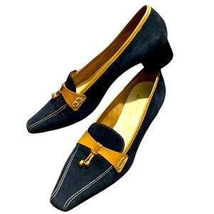 Luca Grossi Suede Leather Loafers in Navy and Tan Italian Hand Made Size 39